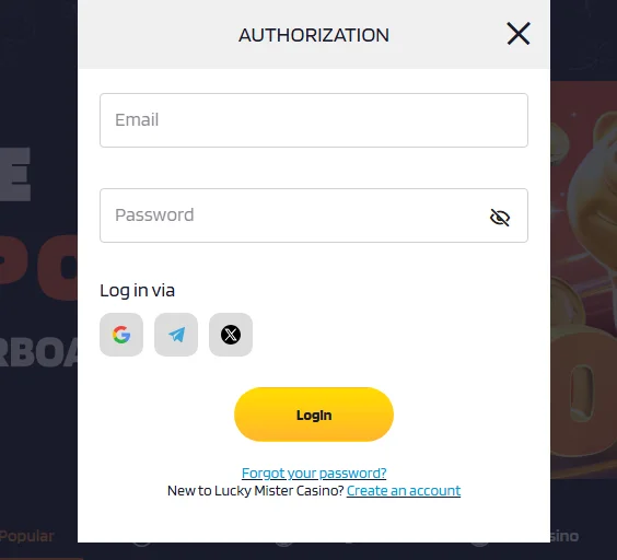 Lucky Mister login form